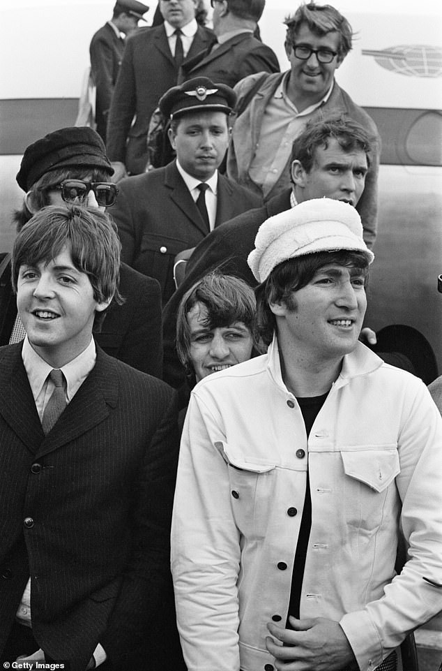 Mal Evans (top right) pictured with the Beatles at London Heathrow Airport in July 1965. Mal had given up his job as a telephone engineer to work as a roadie for the Beatles in the summer of 1963