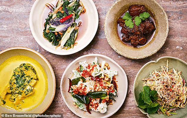 Dish list (clockwise from left): sea-bass curry; stir-fried greens; soy-braised pork belly; sour mango salad with roasted coconut; kale fritters