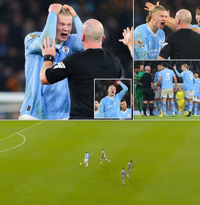 Erling Haaland RAGES at referee Simon Hooper after he whistled with Jack Grealish through